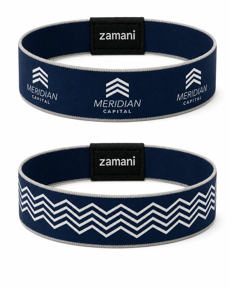 Corporate staff band, logo on the front face and a chevron pattern on the reverse