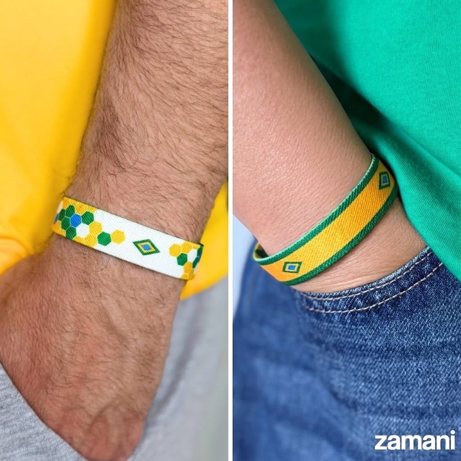 The Brazil band worn, showing both of its printed faces