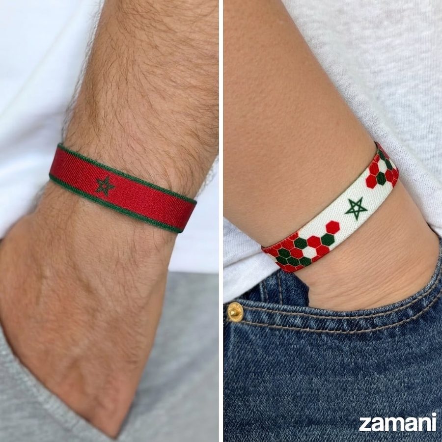 The Morocco band worn, showing both of its printed faces